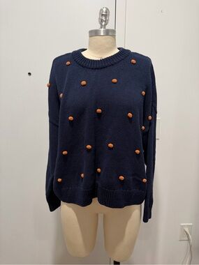 Madewell Navy Crewneck Sweater with Coral Pom Details